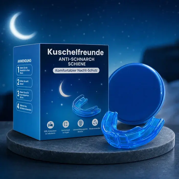 Produktfoto eines Teilnehmers: Anti-Schnarch-Schiene mit Verpackung und Aufbewahrungsdose.